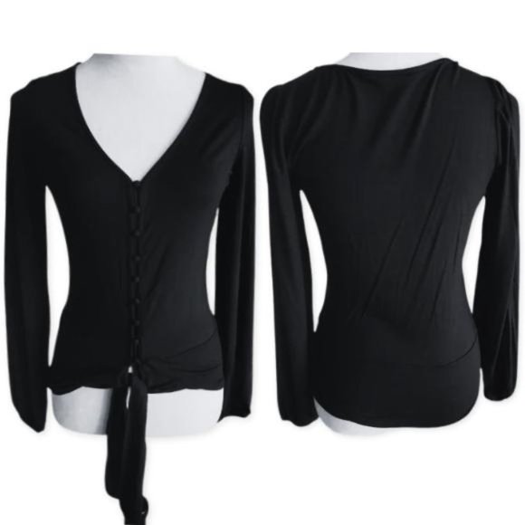 VENUS Tops - Venus Button-Up Top Long Bishop Sleeves  V-Neck Tie Front Black Women’s Medium